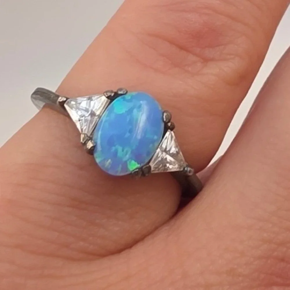 Sterling Silver‎ 925 Blue Opal Trillion CZ Three Stone Ring Size 6.25 Oxidized